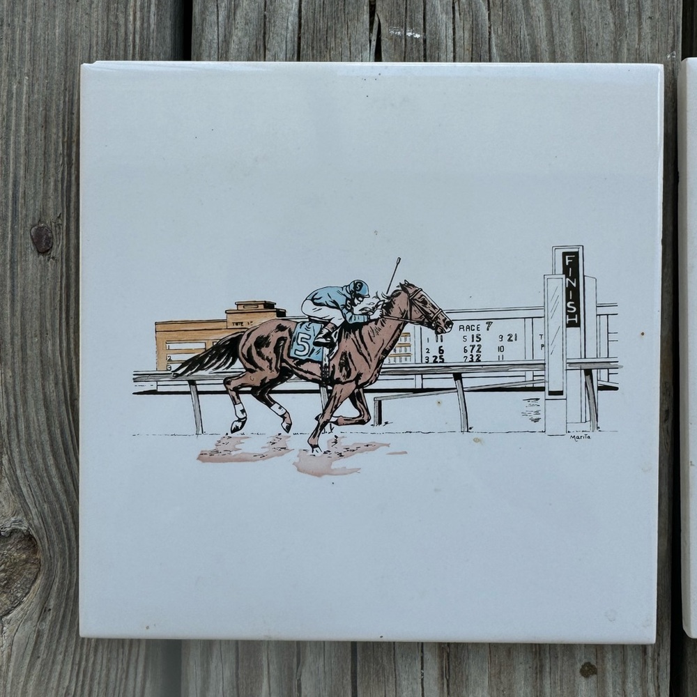 Vintage tile racehorse trivet set